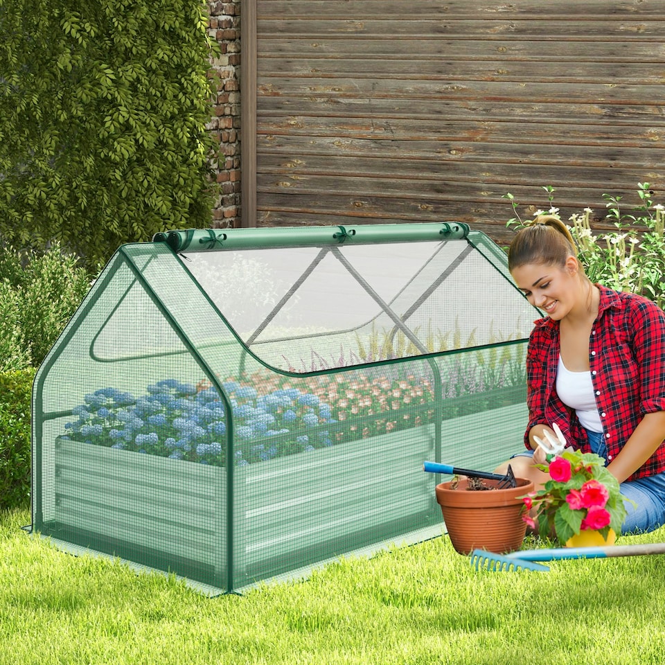 image 1 of COSTWAY Raised Garden Bed with Greenhouse Cover Silver
