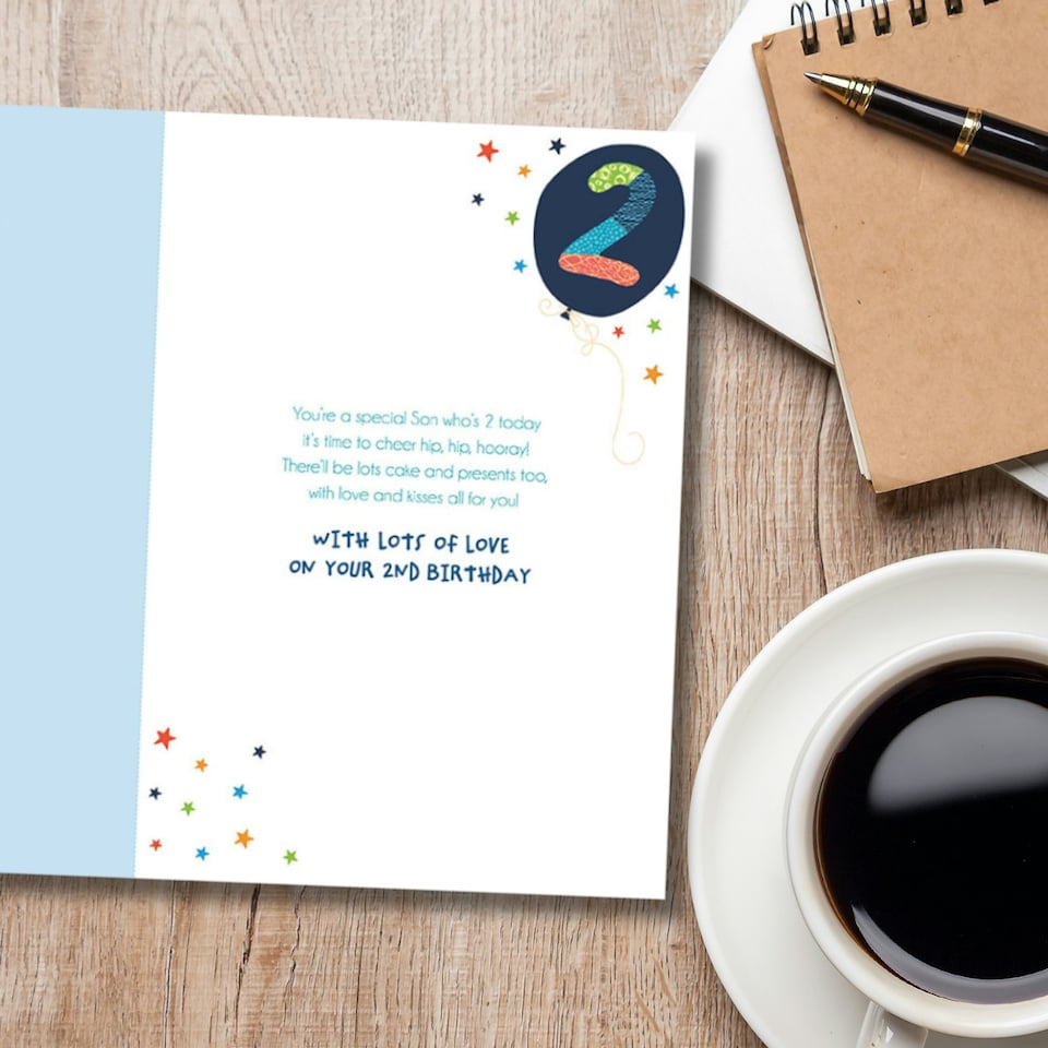 image 1 of Words 'n' Wishes 2nd Birthday Card for Son, Patterned & Foiled Letters With Balloons, Multicoloured, 23.5 x 16.5 cms