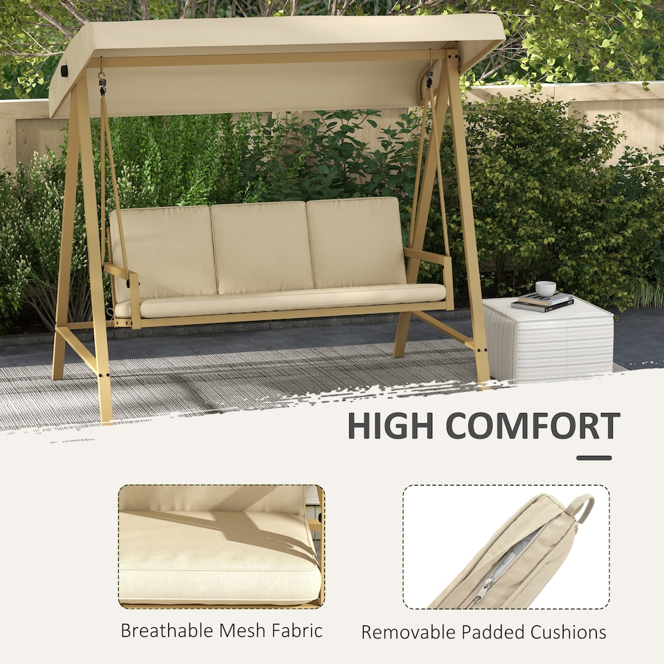 image 1 of Outsunny 3 Seater Garden Swing Chair with Adjustable Canopy and Cushions, Beige | White | Beige