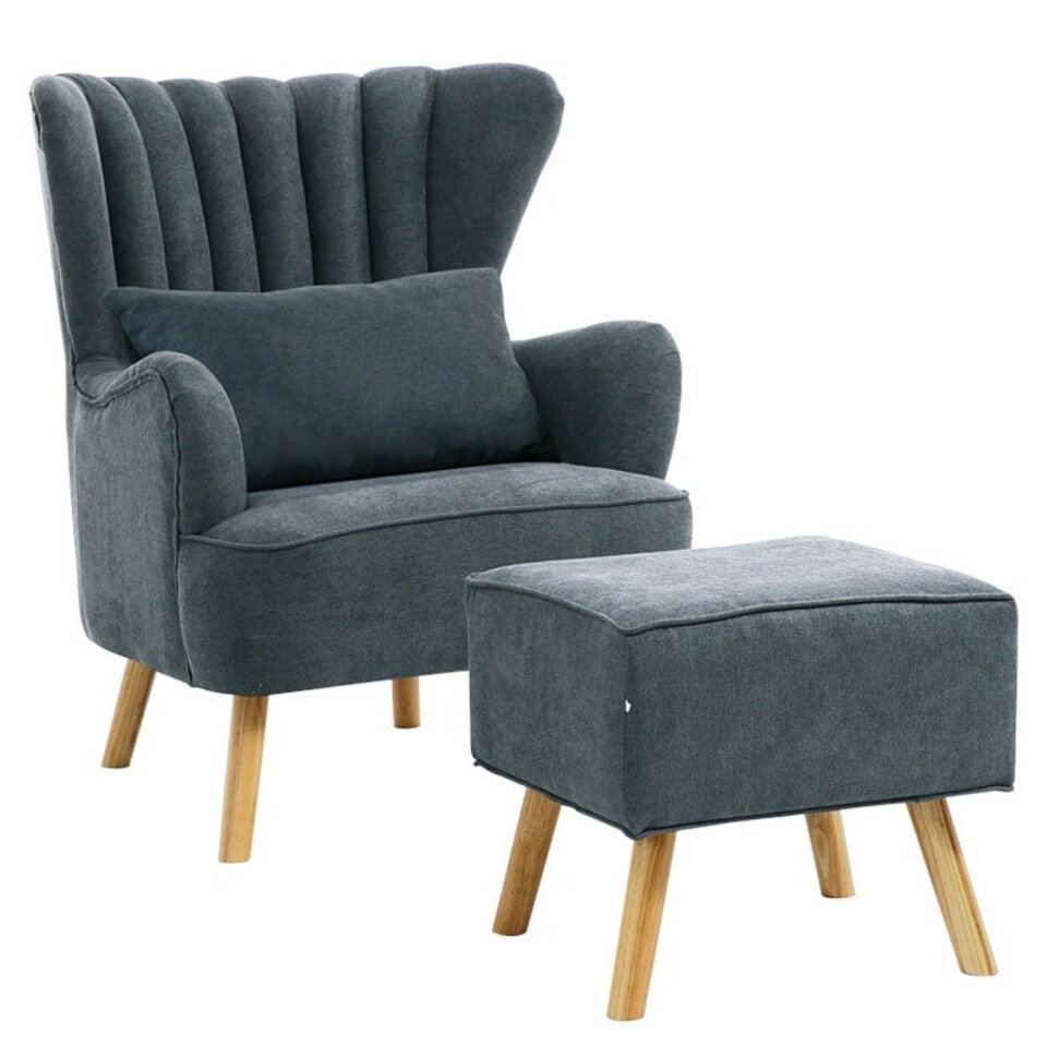 image 1 of Living and Home Faux Wool Upholstered Armchair and Footstool - Grey
