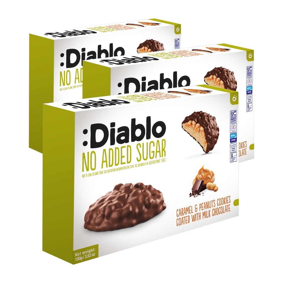 image 1 of Diablo No Added Sugar Chocolate Caramel and Peanut Cookies 100g 3 Pack
