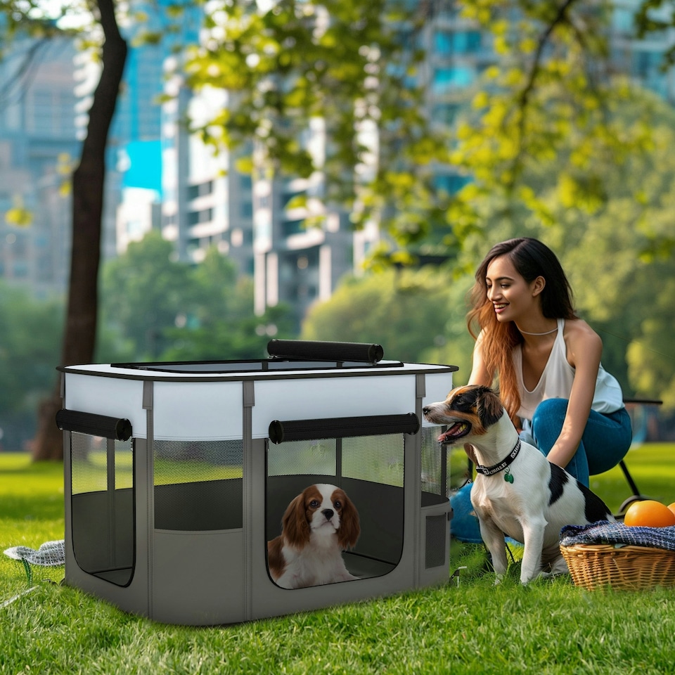 image 1 of PawHut Portable Dog Pen for Puppies, Rabbits, Kittens, Guinea Pigs - Grey