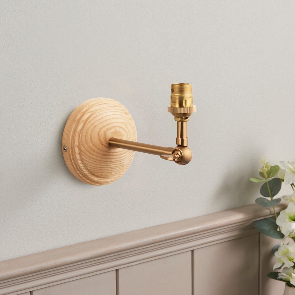 image 1 of Wood Wing Ash Wood Wall Light with Pearl Grey Fabric Leaf Shade 16cm B22