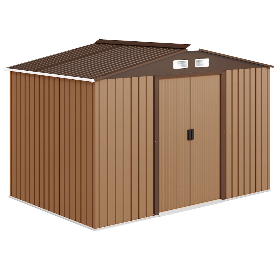 image 1 of Outsunny 9 x 6ft Metal Garden Shed, Outdoor Storage Tool House with Ventilation Slots, Foundation Kit and Lockable Double Doors, Light Brown