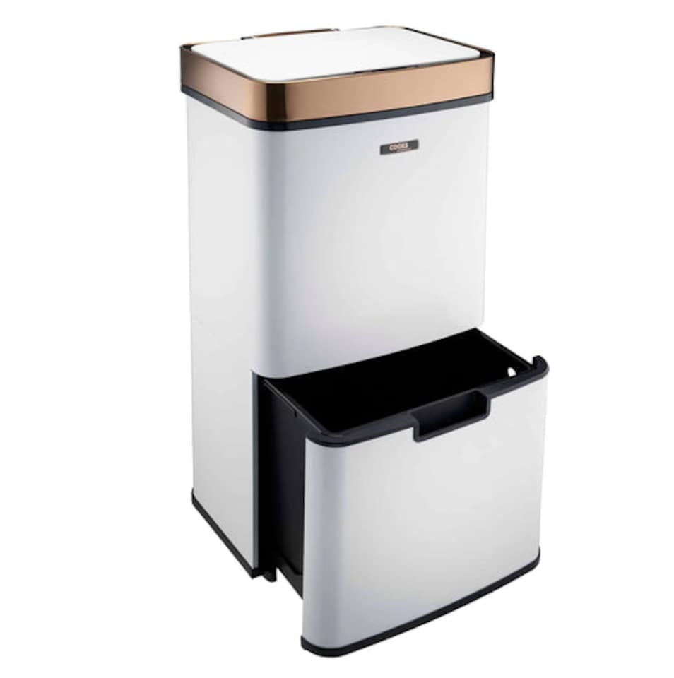 image 1 of Cooks Professional Recycling Sensor Bin 75L with Dual Compartments & Food Caddy | White | White & Copper