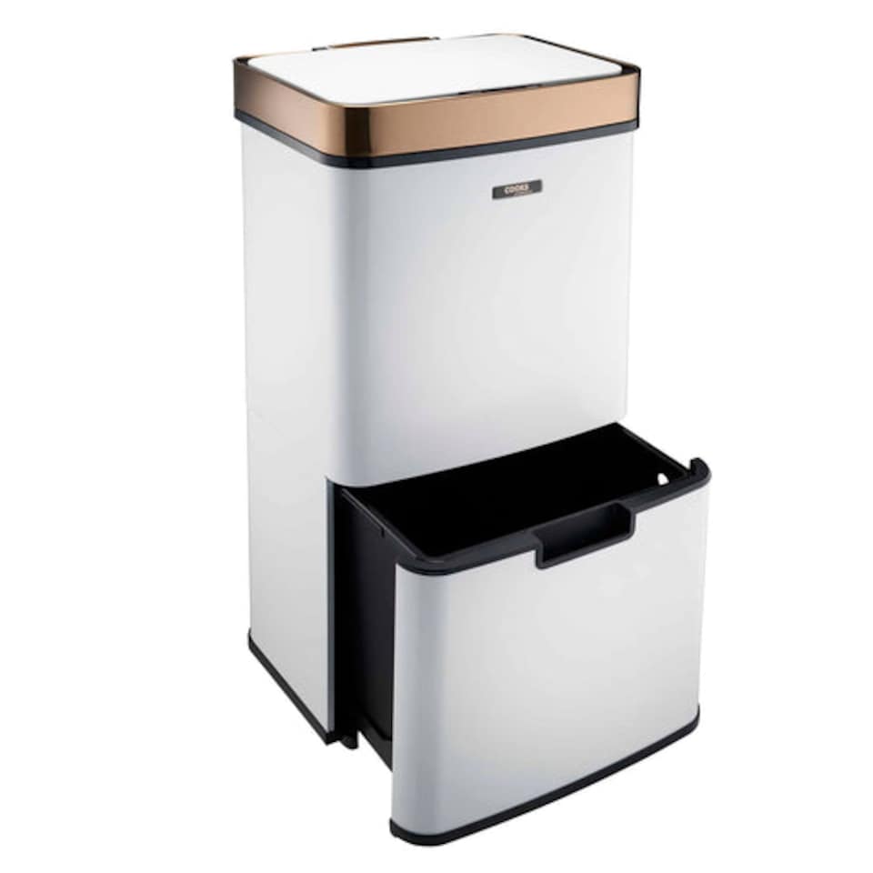image 1 of Cooks Professional Recycling Sensor Bin 75L with Dual Compartments & Food Caddy | White | White & Copper