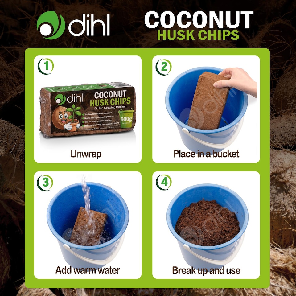 image 1 of Dihl 500g Coconut Husk Chips Garden Substrate. Organic, Natural, pH Balanced, Coco Mulch Medium for Bedding, Seedlings, Flowers, Fruit and Vegetables. Perfect for Orchids