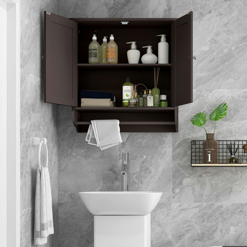 image 1 of COSTWAY Wall Mounted Bathroom Cabinet Medicine Storage Brown Brown