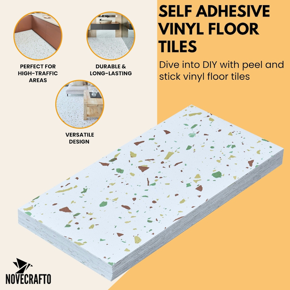 image 1 of NOVECRAFTO Vinyl Floor Tiles Self Adhesive – 12x24in Peel and Stick Rectangular Flooring for Kitchen, Bathroom & Living Room – White Terrazzo Look with Flecks White | 1.85 sqm