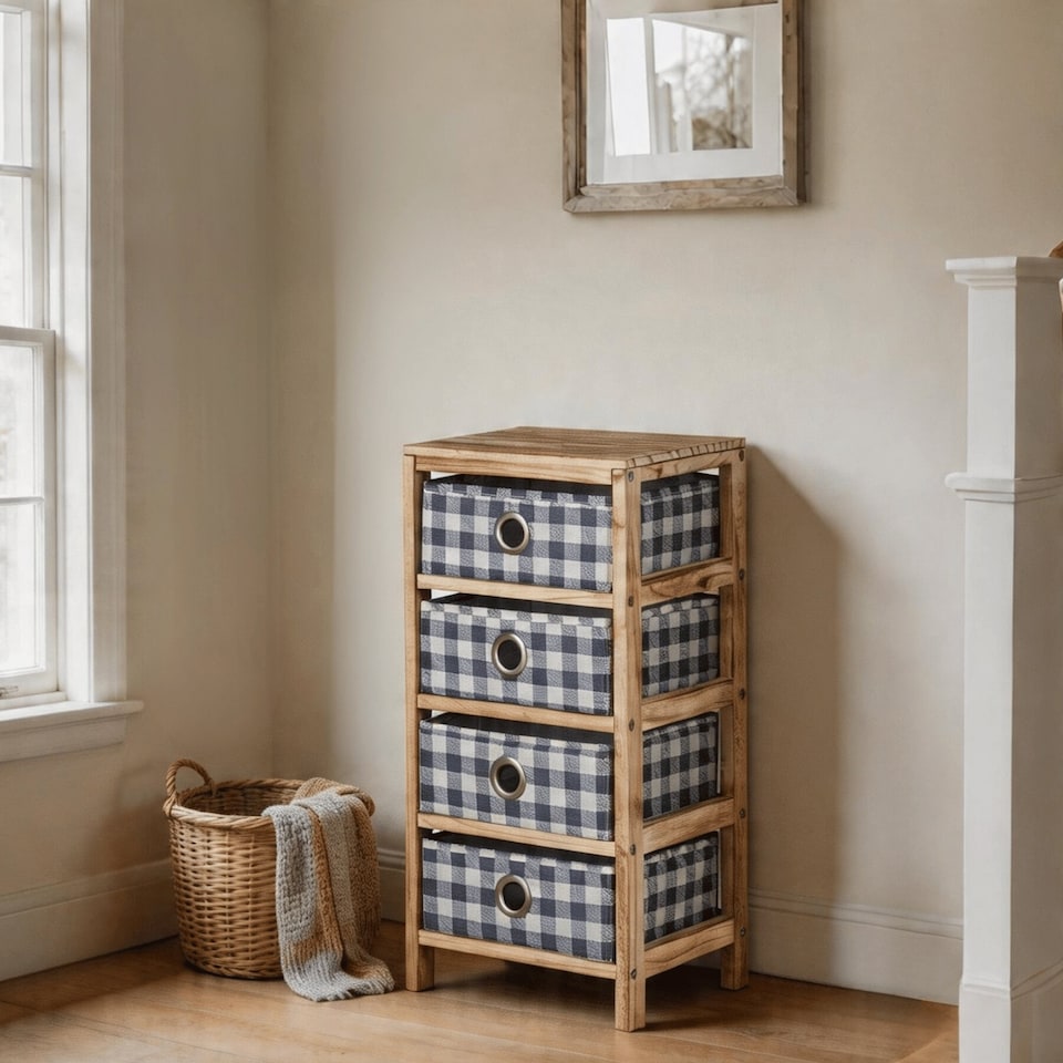 image 1 of Wooden Chest Of Storage Drawers Plaid Fabric Bedroom Organiser Coastal Style | Brown