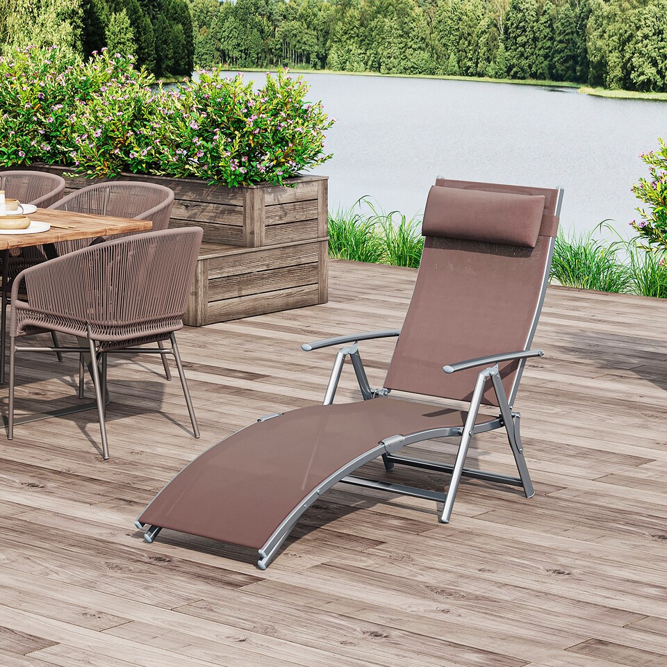 image 1 of Outsunny Sun Lounger Steel Frame Outdoor Folding Chaise Texteline Lounge Chair Recliner with Headrest & 7 Levels Adjustable Backrest, Brown