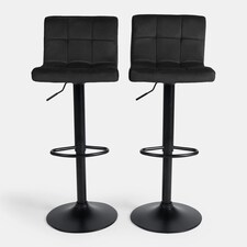 OHS 2 x Velvet Swivel Height Adjustable Counter Bar Stools - Black