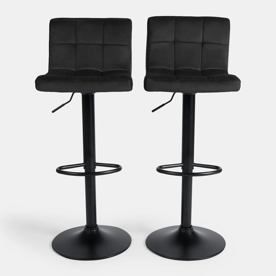 image 1 of OHS 2 x Velvet Swivel Height Adjustable Counter Bar Stools - Black