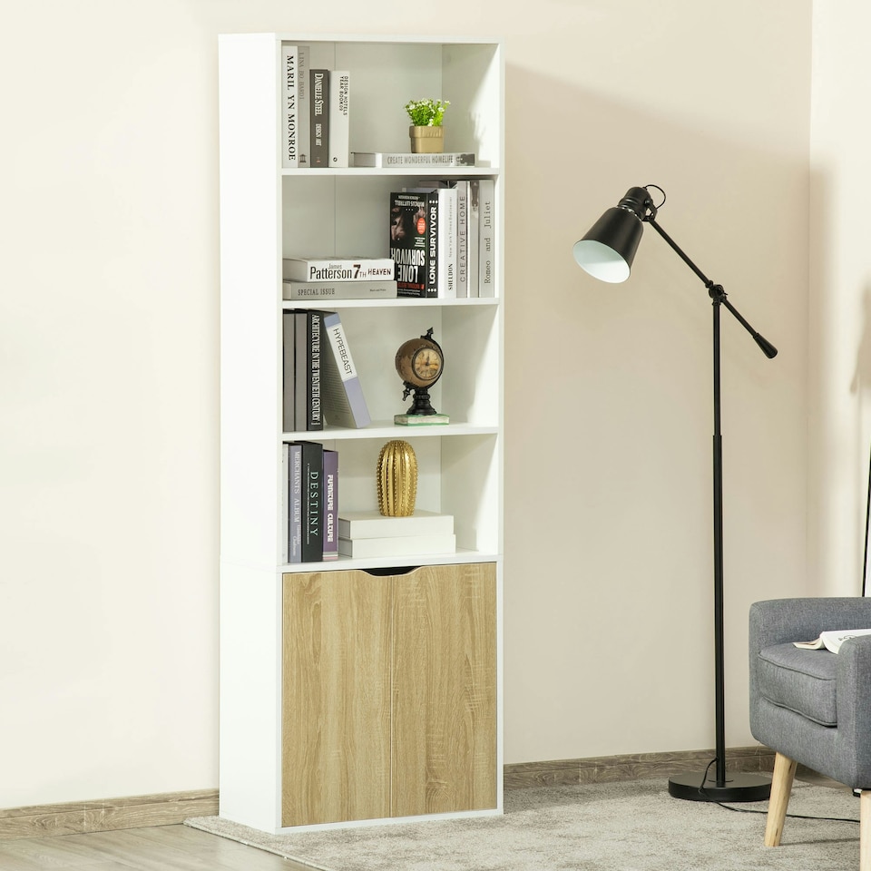 image 1 of HOMCOM 2 Door 4 Shelves Bookcase Wooden Storage Cabinet Display Unit White Oak