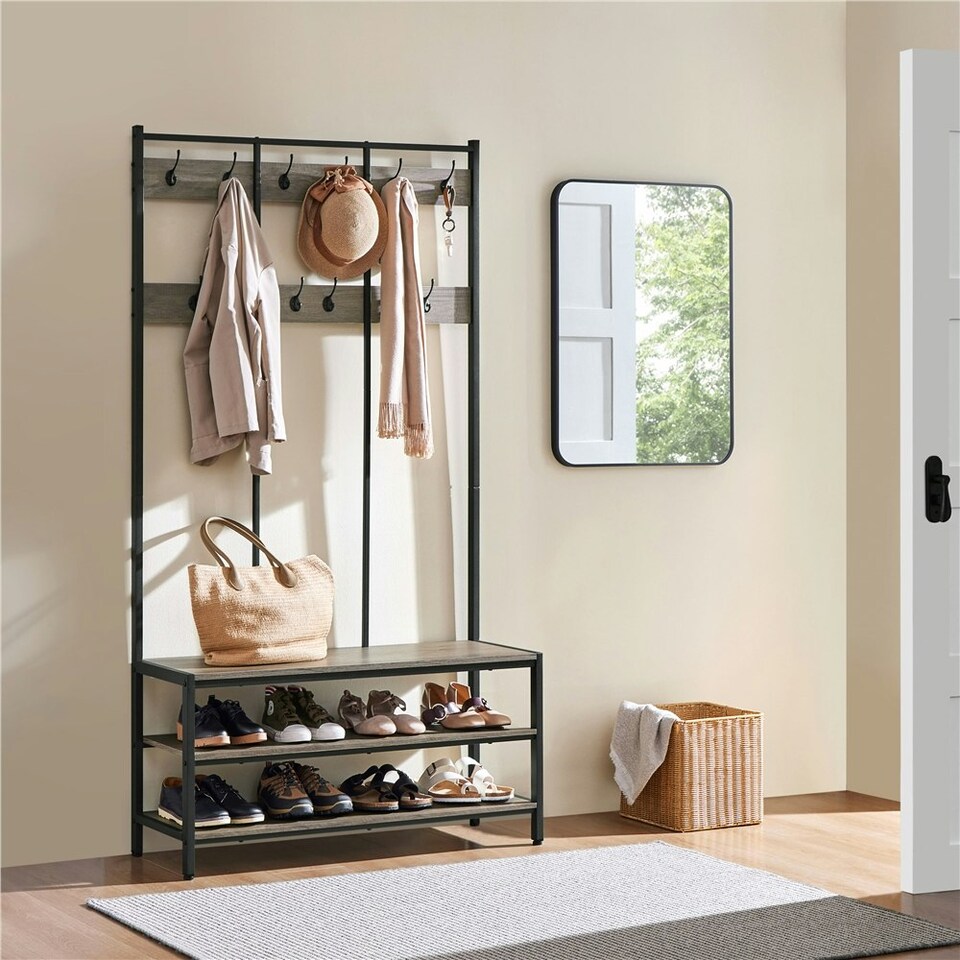 image 1 of Yaheetech Industrial Hallway Rack with Bench & Shoe Storage Grey | One Size