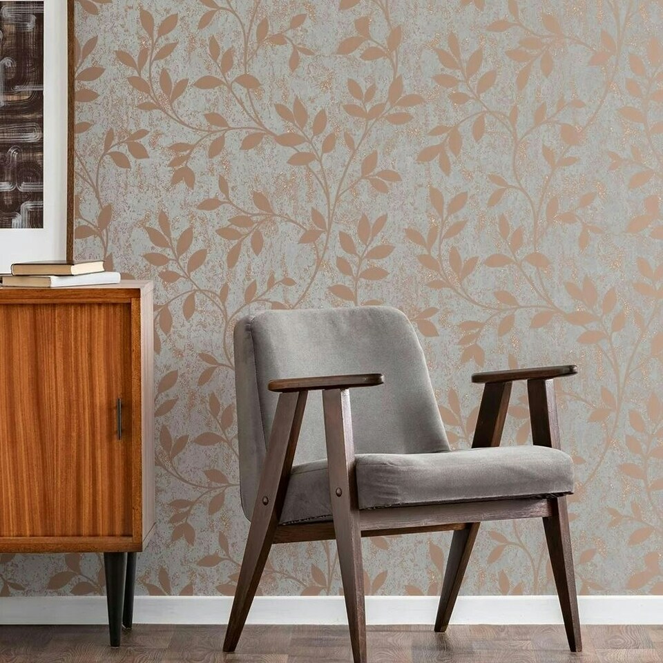 image 1 of Superfresco Milan Trail Floral Rose Gold Wallpaper Grey | Grey