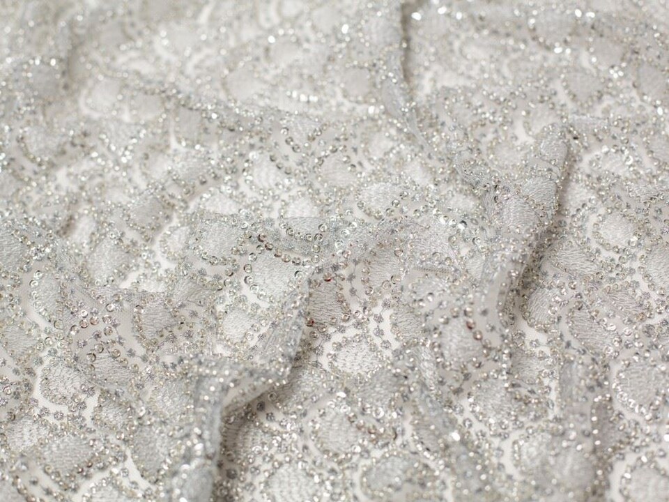 Silver Jessica Beaded Lace Fabric for Bridal, Dressmaking, 132cm / 51" Wide - per metre
