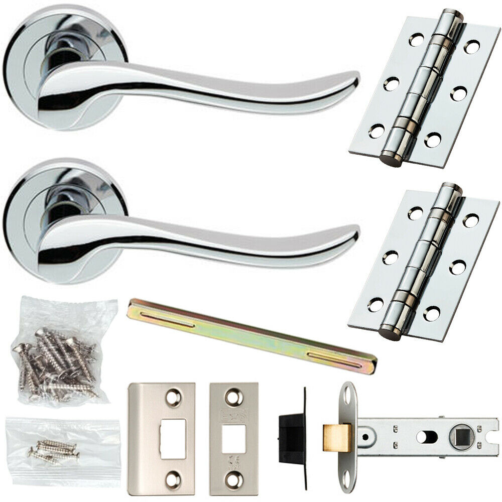 Loops Door Handle & Latch Pack Chrome Modern Scroll Lever on Screwless Round Rose