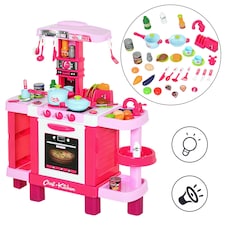 HOMCOM 38-Piece Children's Kitchen Play Set w/ Realistic Sounds Lights Food Pink