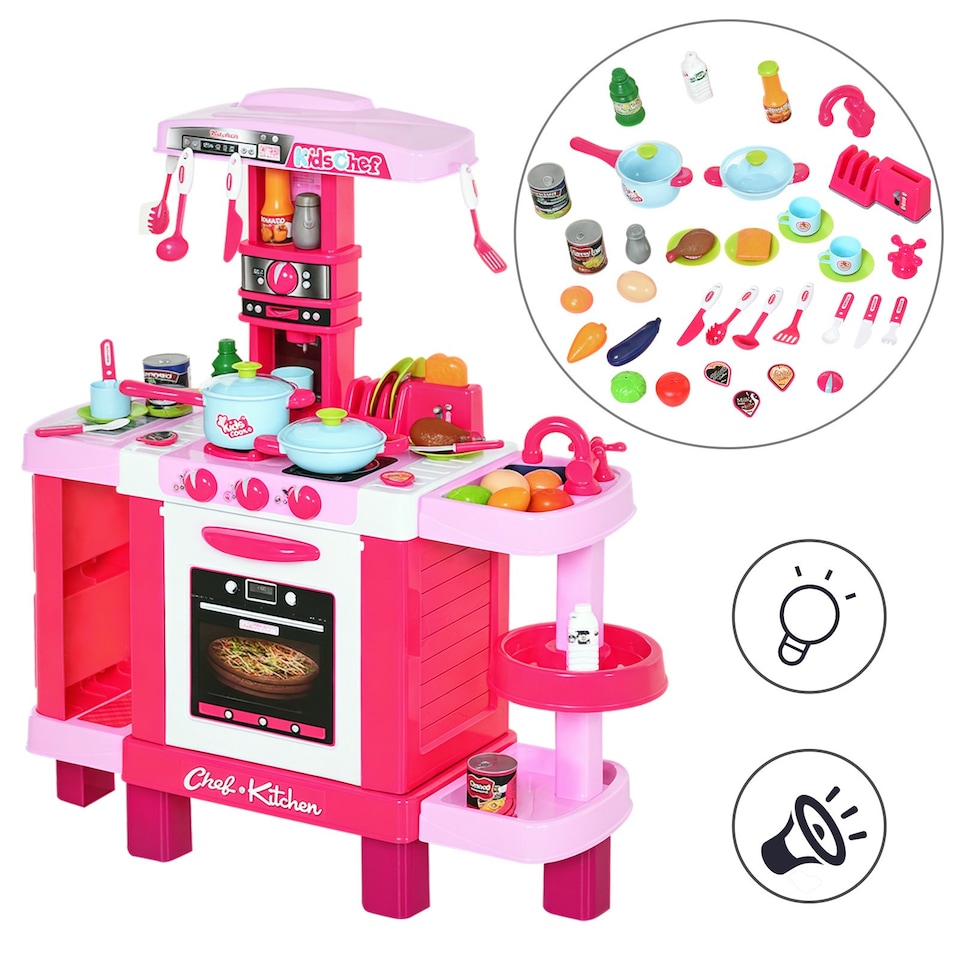 image 1 of HOMCOM 38-Piece Children's Kitchen Play Set w/ Realistic Sounds Lights Food Pink
