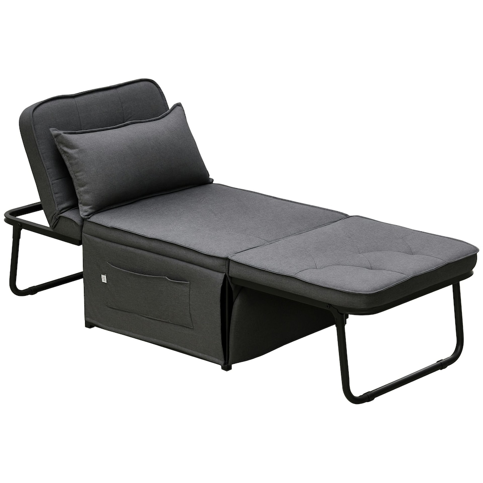 image 1 of HOMCOM Convertible Sleeper Chair with Pillow and Side Pockets, Charcoal Grey