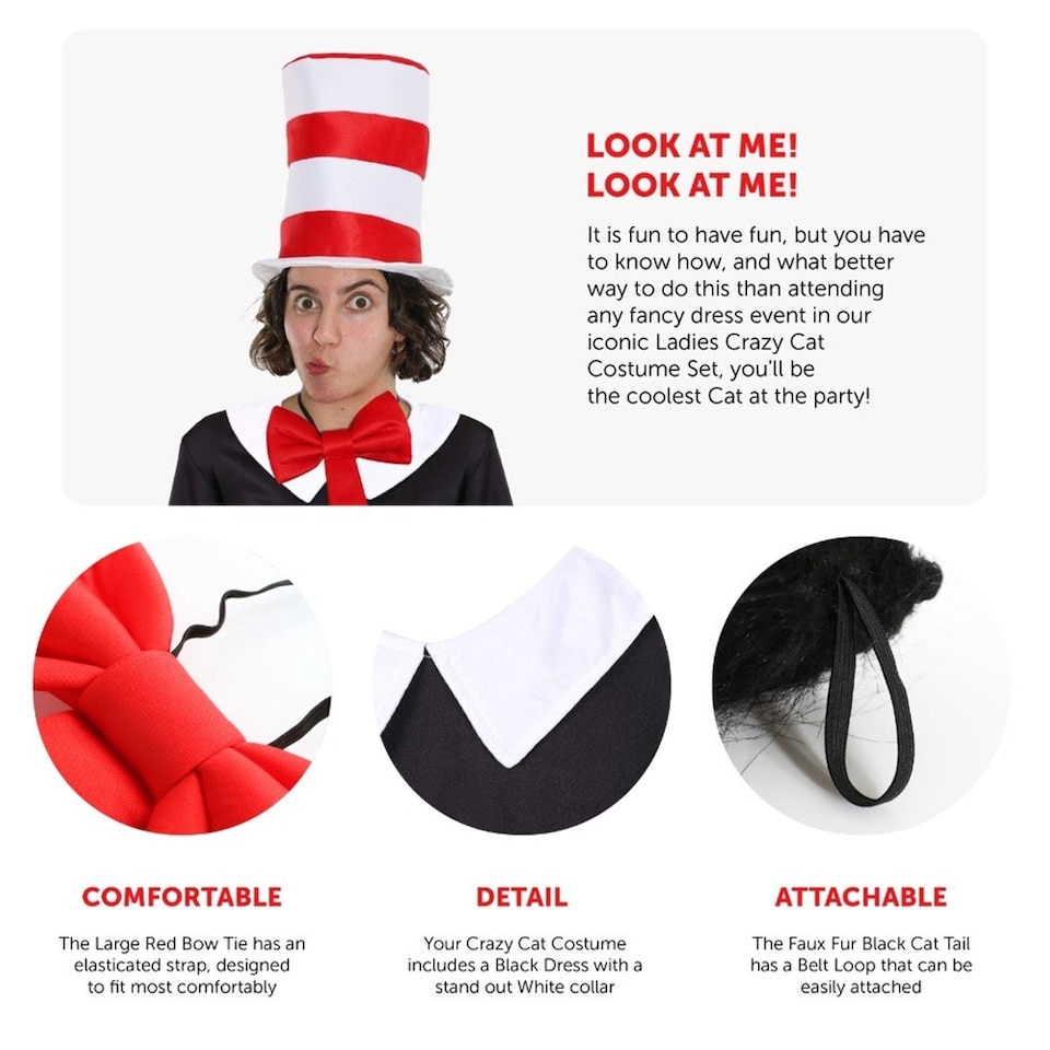 image 1 of Crazy Cat Costume Set - Hat, Gloves & Tail Black | L
