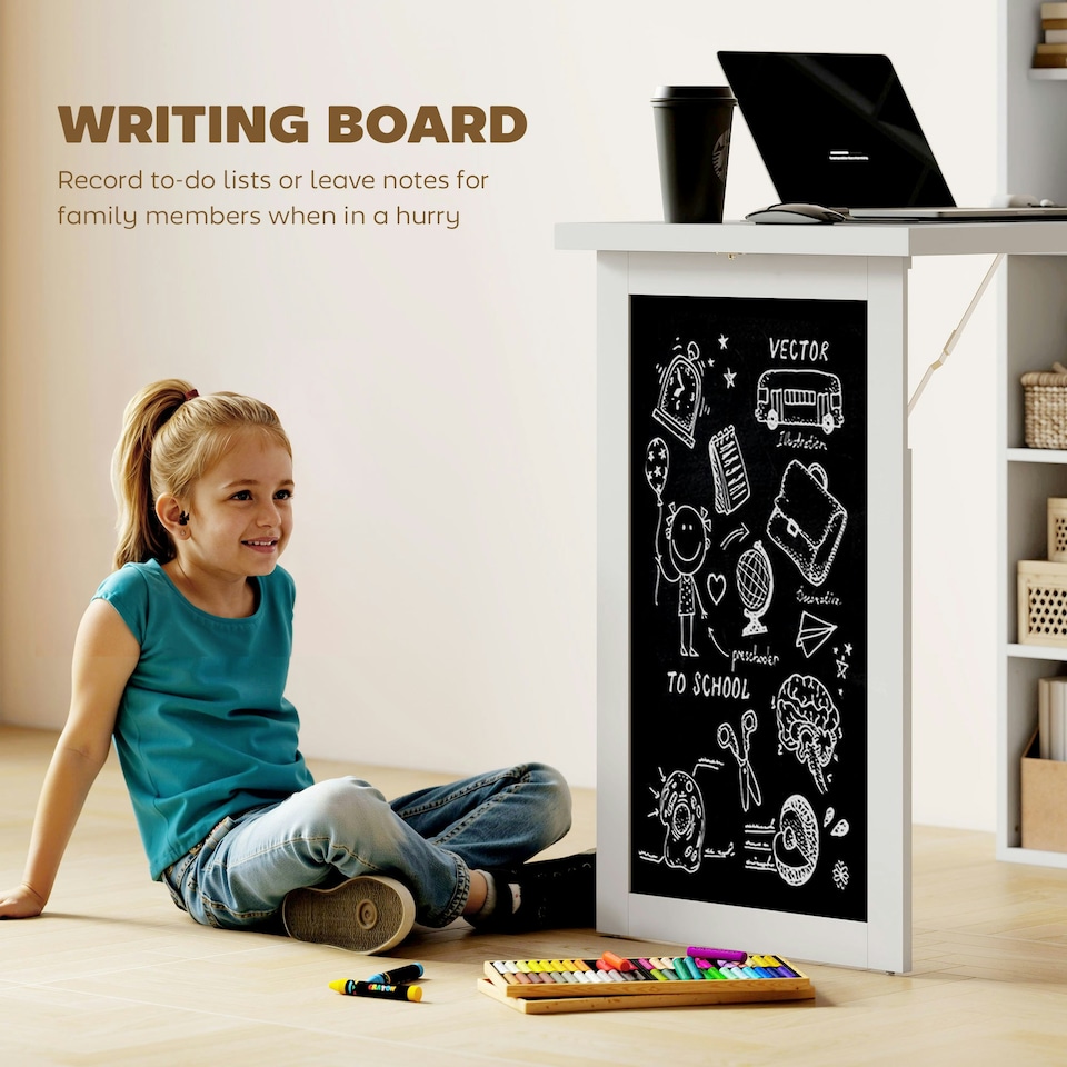 image 1 of HOMCOM Folding Convertible Desk with Blackboard and Bookshelf, White