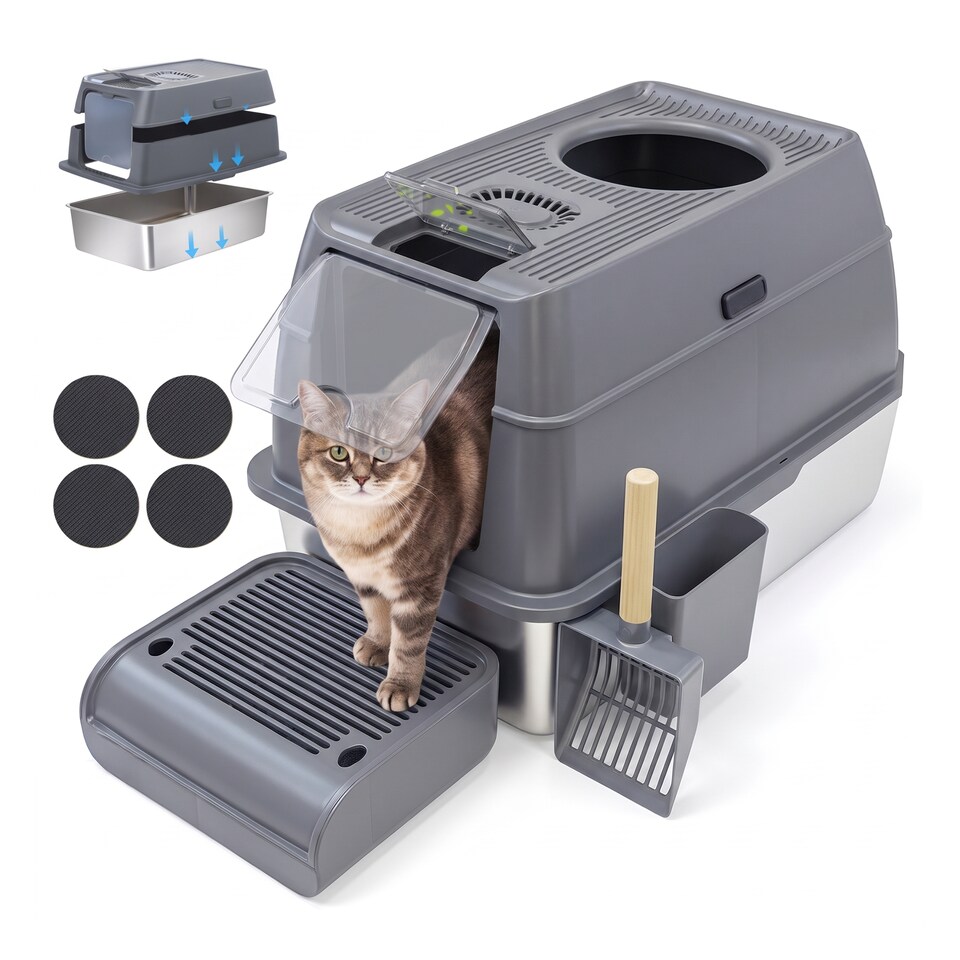 image 1 of IGAD XXL Stainless Steel Cat Litter Box – High Sides, Non-Stick, Easy Clean, Odour Control, Removable Lid & Scoop (Grey Double Entry)