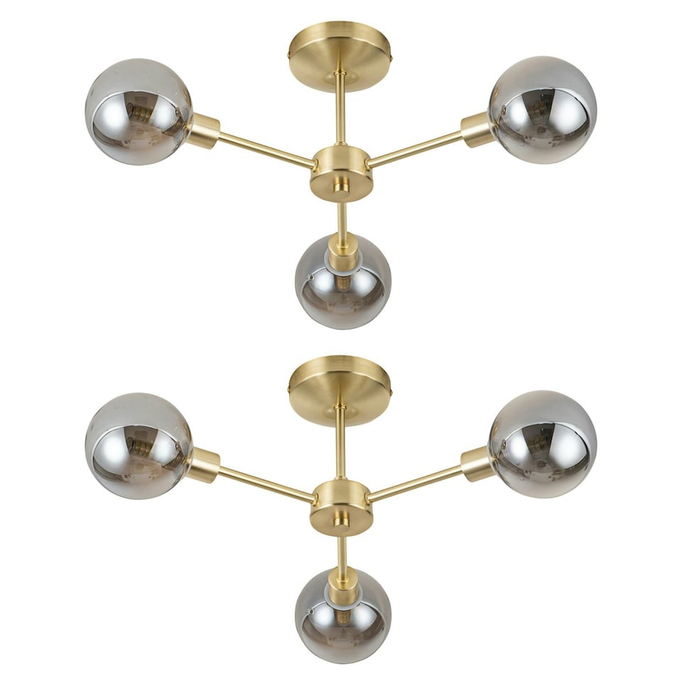 image 1 of First Choice Lighting Set of 2 Toner Satin Brass with Smoke Glass Globes 3 Light Flush Ceiling Lights Bronze | Grey