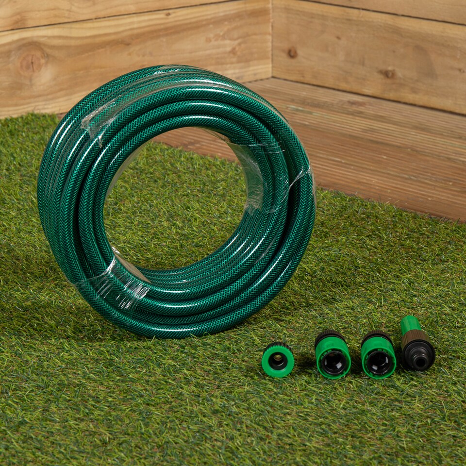 image 1 of 15m Reinforced Garden Hose Pipe / Hosepipe with Spray Nozzle Set in Green | Green | Green