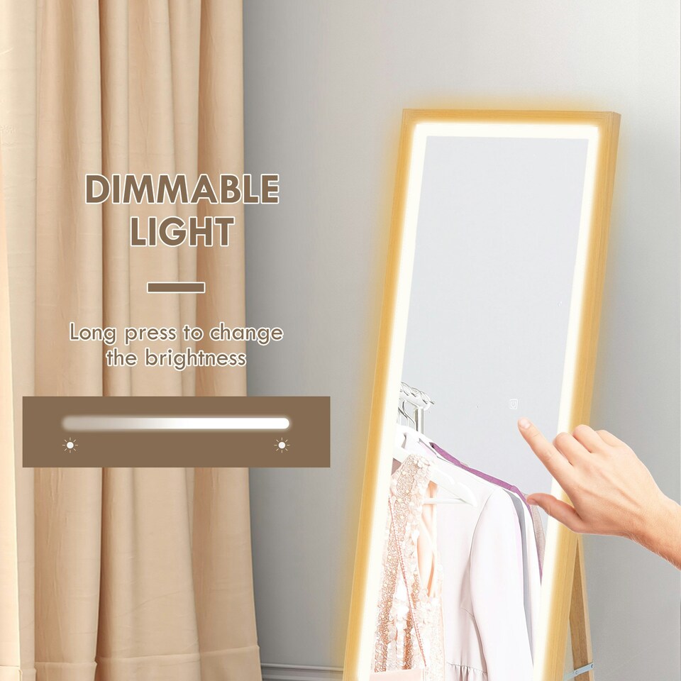 image 1 of HOMCOM Dimming Full Length Mirror w/ Lights Standing Leaning Wall Mount Oak