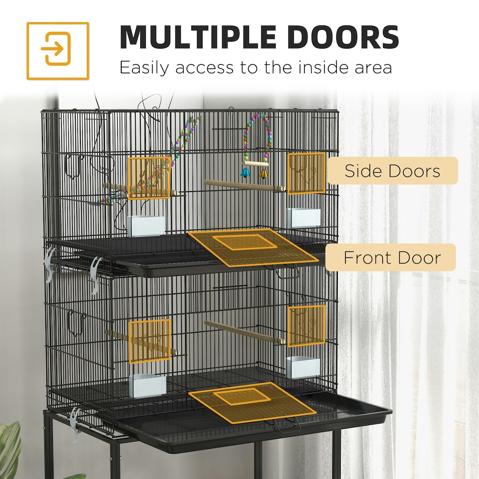 image 1 of PawHut Two-Tier Bird Cage on Wheels w/ Stand, for Canaries