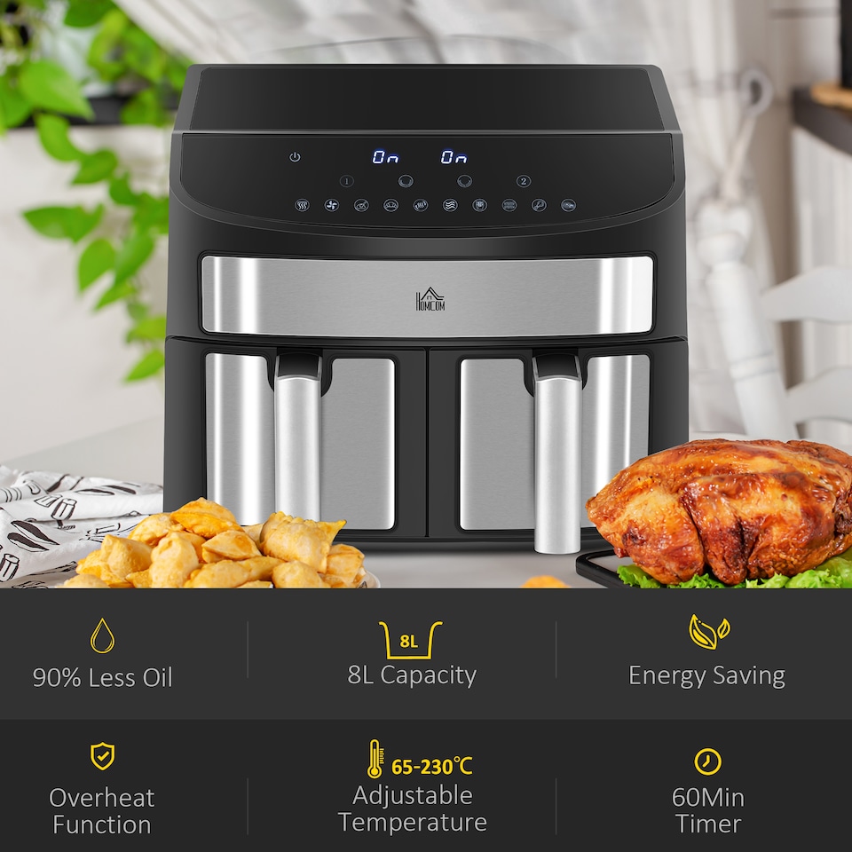 image 1 of HOMCOM Dual Zone Digital Air Fryer, 10-in-1 8L Family Size with 2 x 4L Baskets, Sync Cook & Smart Finish, 60-Minute Timer for Oil Free & Low Fat Healthy Cooking, 2400W, Black