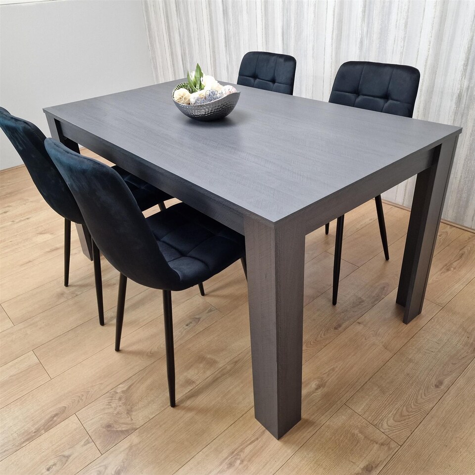 image 1 of Modern Dining Table Set Whit 4 Black Velvet Chairs Wood Dining Set Furniture