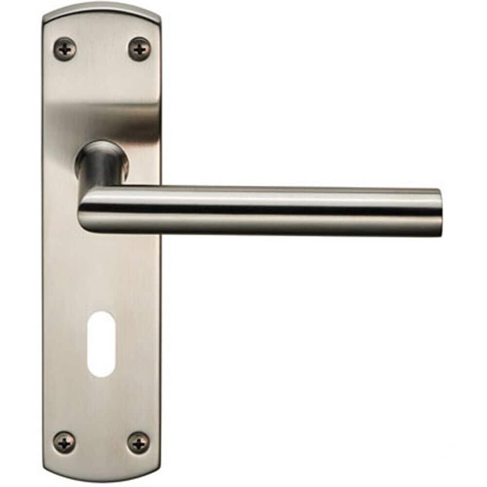 Loops Mitred Lever Door Handle on Lock Backplate 172 x 44mm Satin Stainless Steel in Metallics