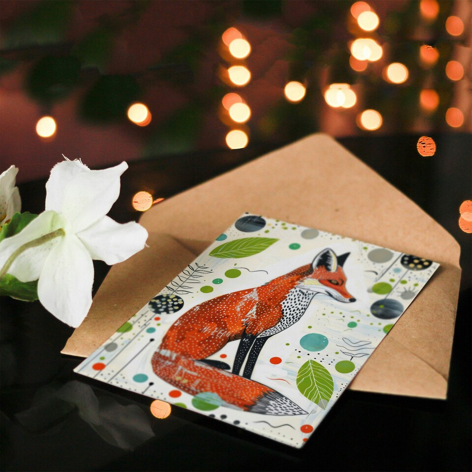 image 1 of Folk Simple Bright Abstract Design Fox Him Her Birthday Card