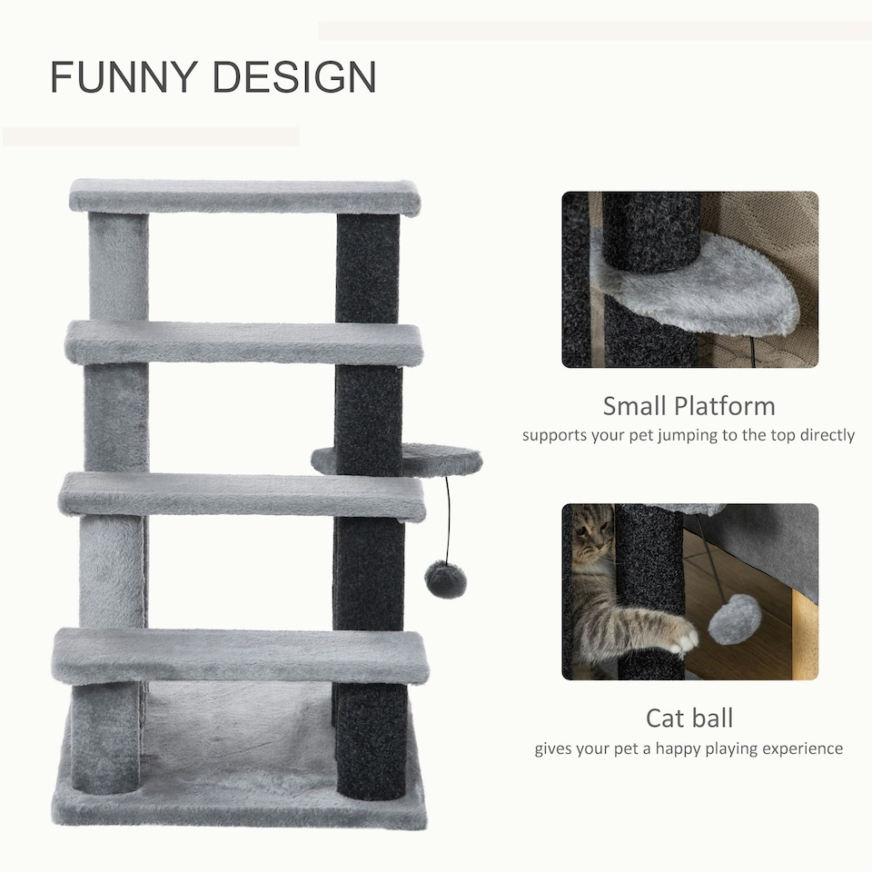 image 1 of PawHut Pet Stairs with 4-step Stair, Scratching Posts, Platforms, Toy Ball