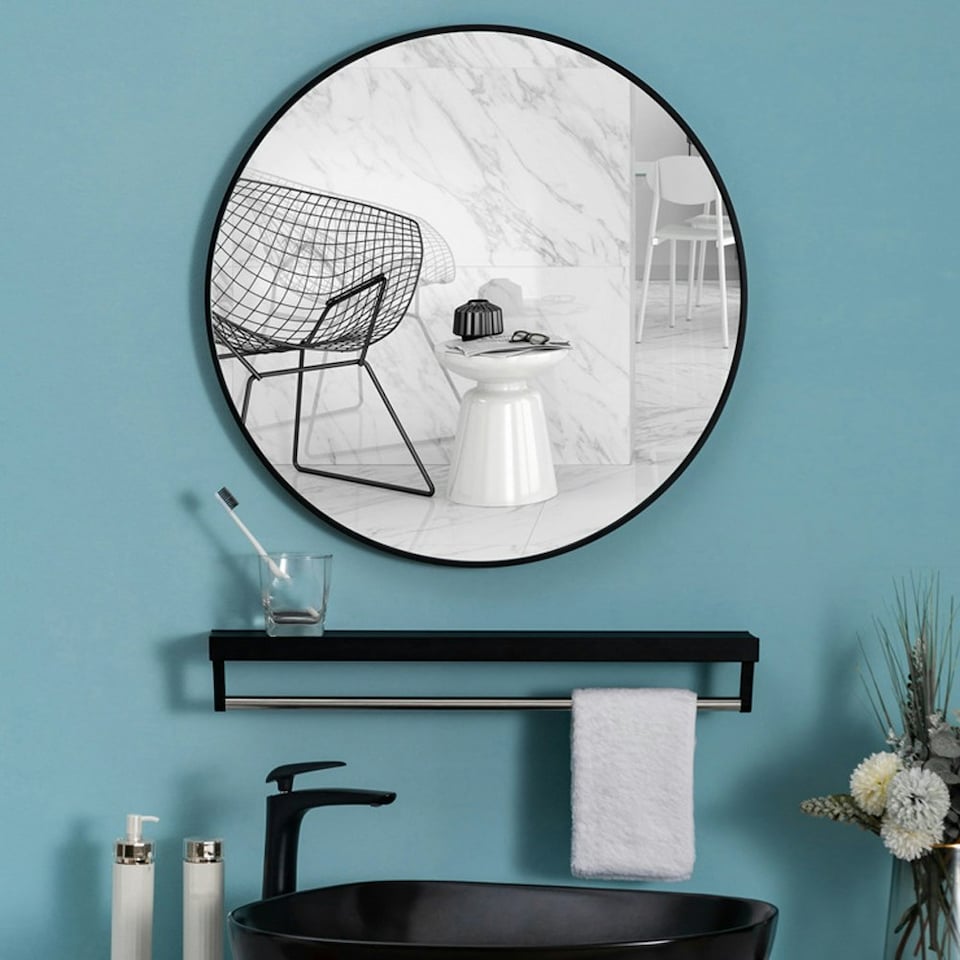 image 1 of Living and Home 70cm Nordic Round Bathroom Wall Mirror | Black | 70cm
