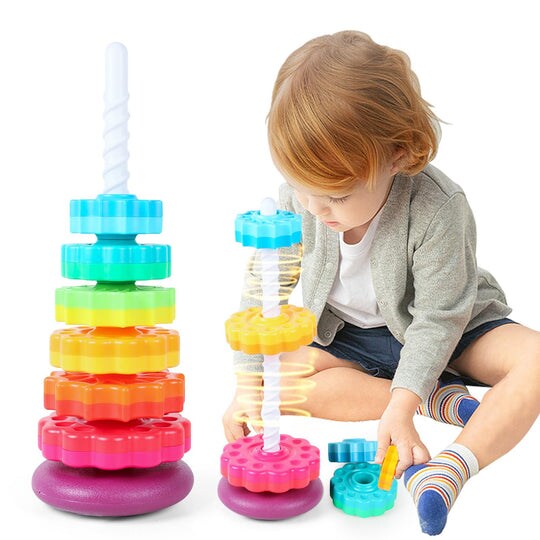 Rainbow Stacking Tower Toy for Toddlers, Colorful Educational Spiral Gears with Rotating Base, Soft and Safe Material, Developmental Toy for Babies 12+ Months
