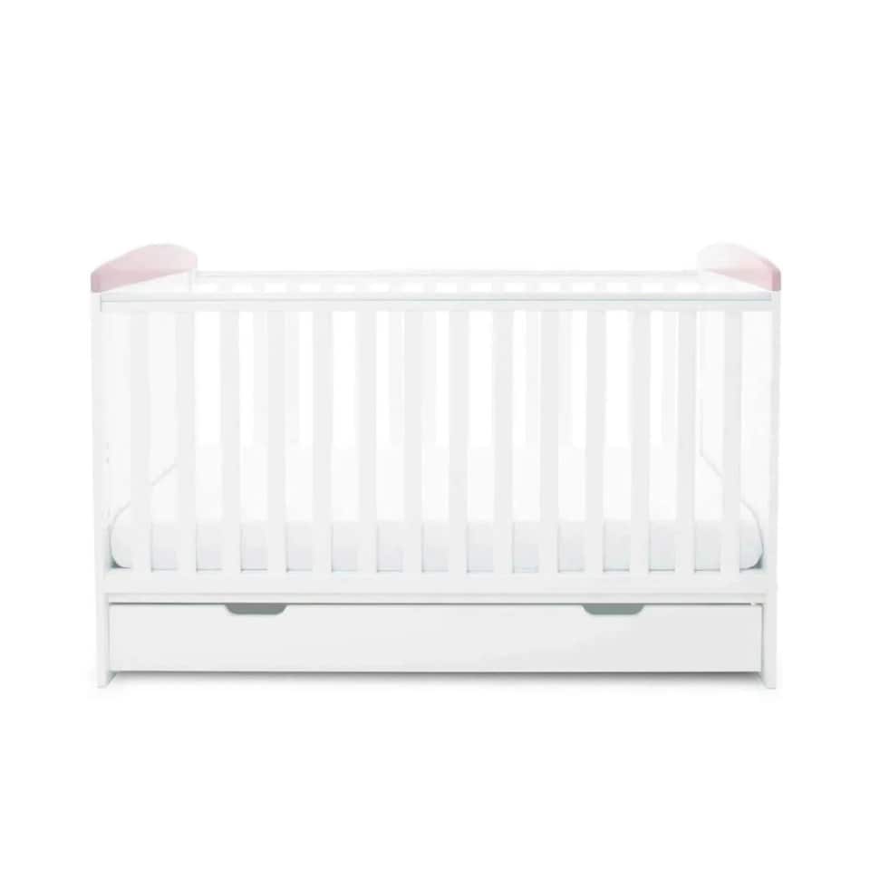 image 1 of Ickle Bubba Coleby Style Cot Bed with Under Drawer Elephant Love Pink - Premium Sprung Mattress