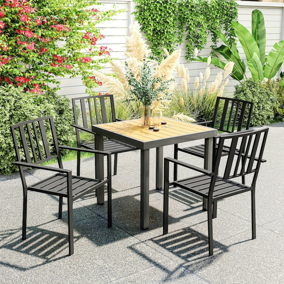image 1 of Outsunny 4 PCs Stackable Outdoor Garden Chairs with Metal Slatted Design, Black