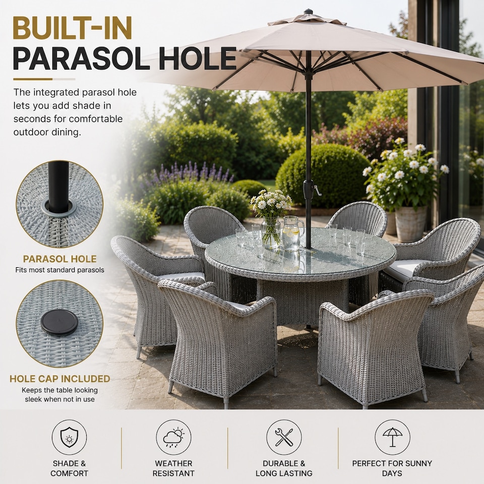 image 1 of Sorrento 6-Seater Rattan Dining Set, Round Garden Table with Chairs, Outdoor Patio Furniture Set