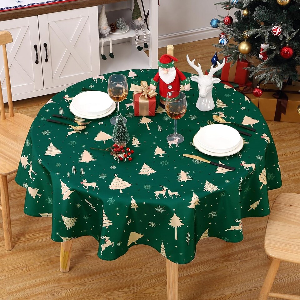image 1 of London Boutique Round Christmas Tablecloth, Deer Pattern, Waterproof Table Cloth, 60 inch, Green