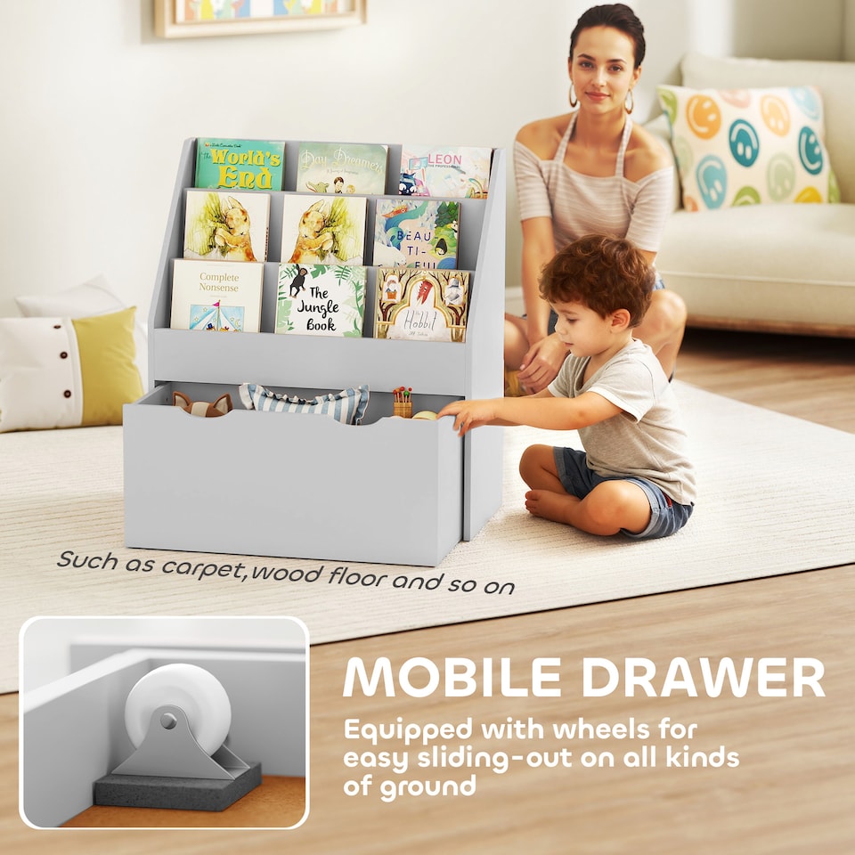 image 1 of AIYAPLAY Kids Bookshelf, Bookcase Toy Storage Organiser with 3 Tier Shelves, Drawer, for Bedroom, Nursery, Playroom, Classroom | Grey