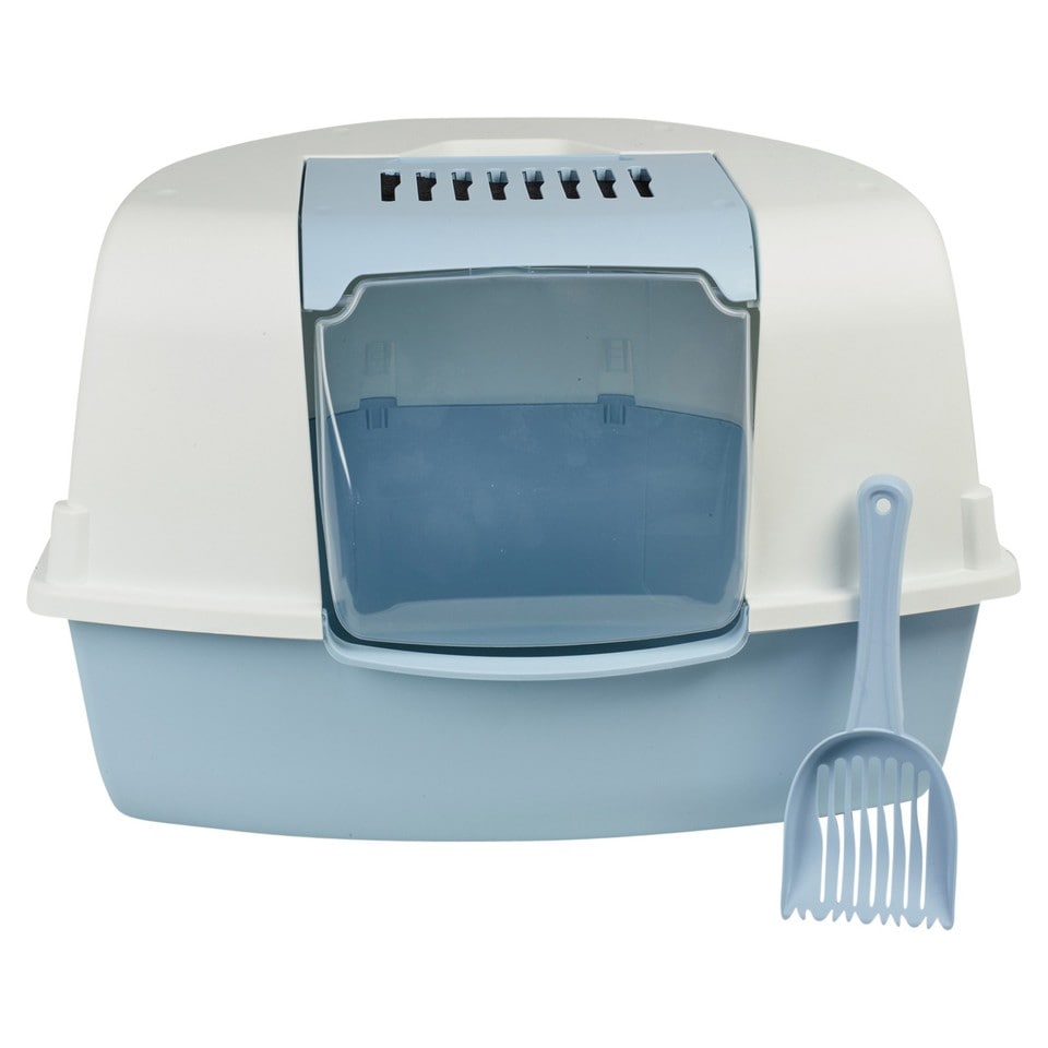 image 1 of Large Cat Corner Litter Tray Hooded Deep Cover Toilet Flap Box with Filter & Scoop | Blue | Light Blue | 1