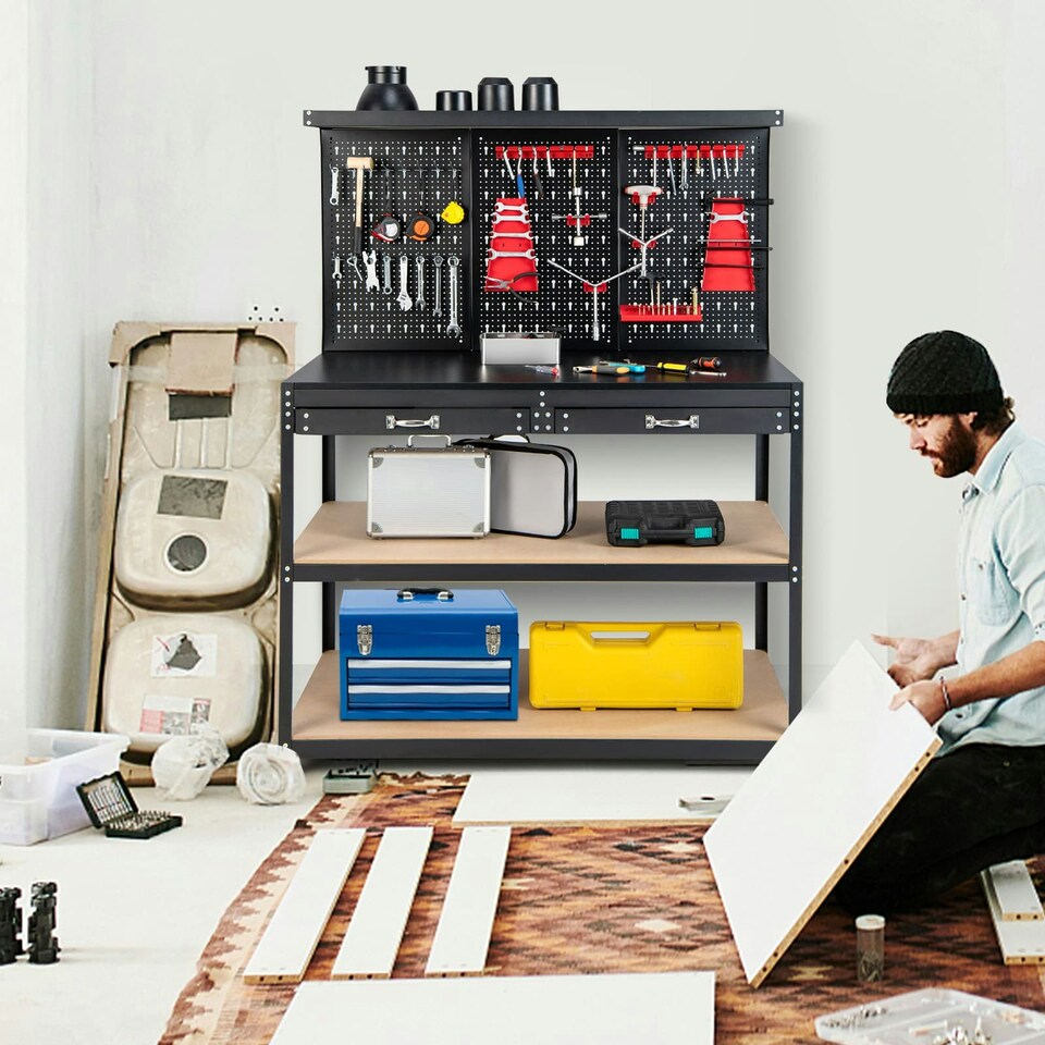 image 1 of COSTWAY Workbench Garage Worktable with Drawers-Black