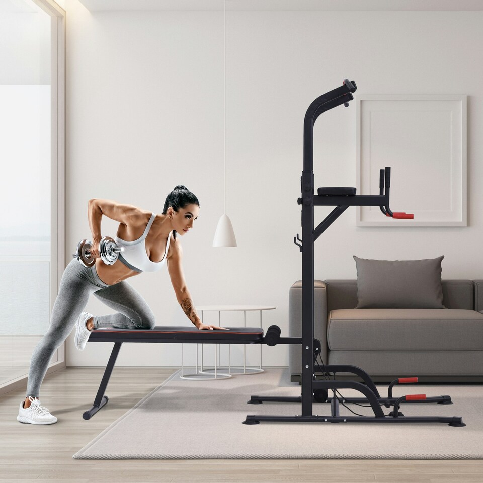 image 1 of HOMCOM Multifunction Home Workout Station Tower Steel Frame w/ Bench