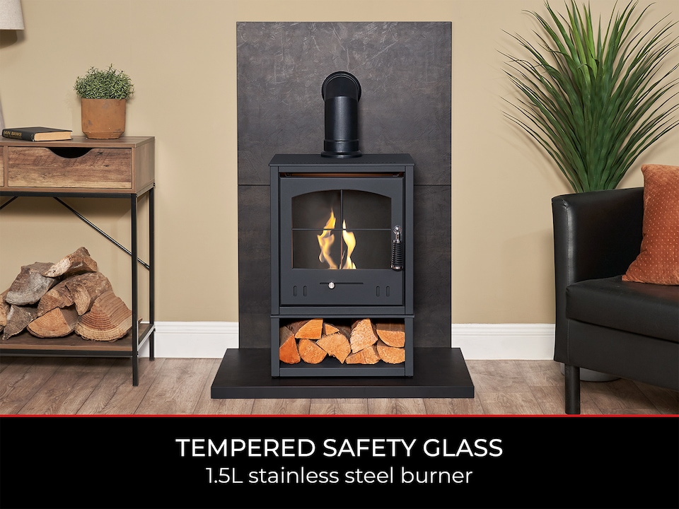 image 1 of OKO S2 Bio Ethanol Stove with Log Storage in Charcoal Grey with Angled Stove Pipe