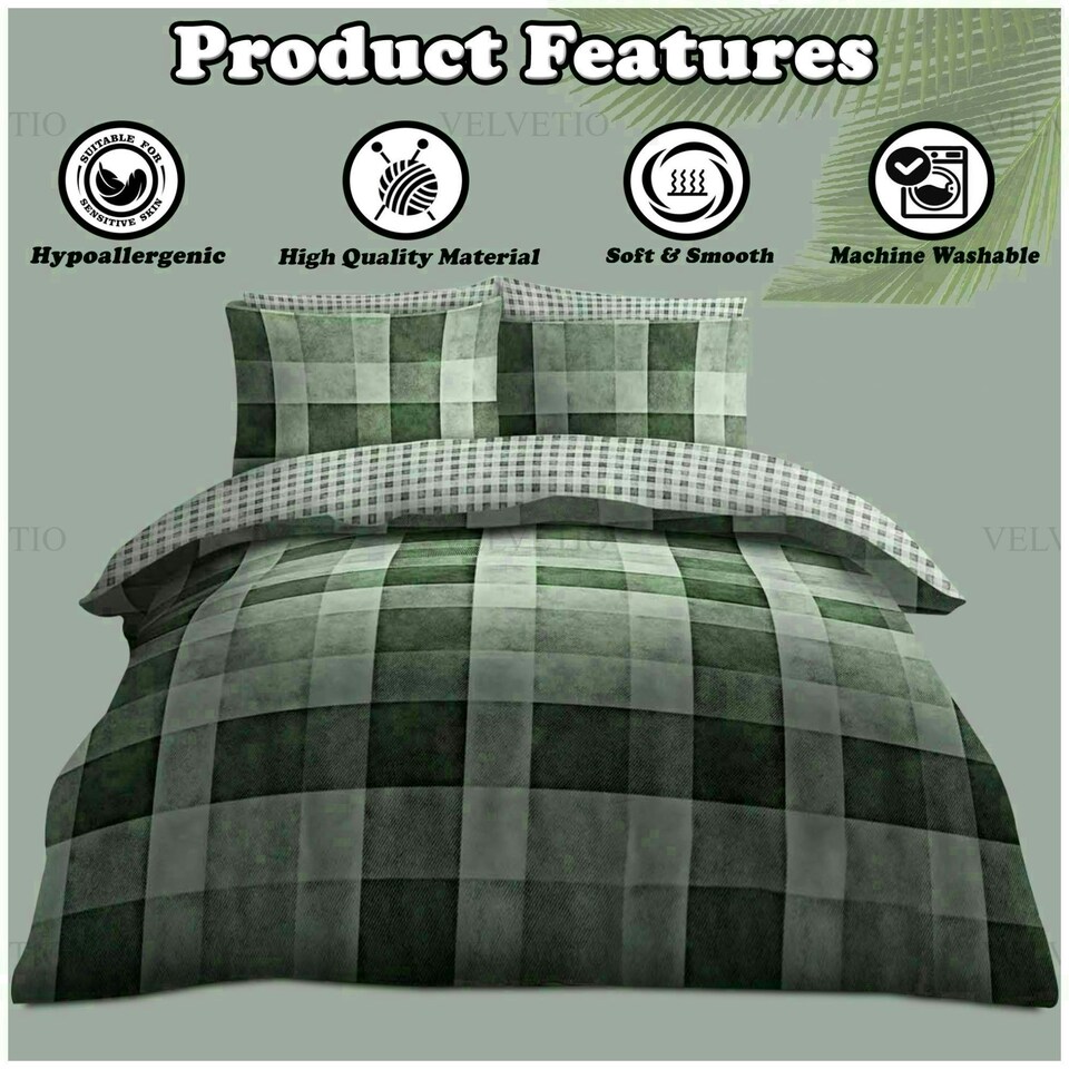 image 1 of VELVETIO Denim Check Printed Duvet Cover Set Reversible Polycotton Beddings Red | King