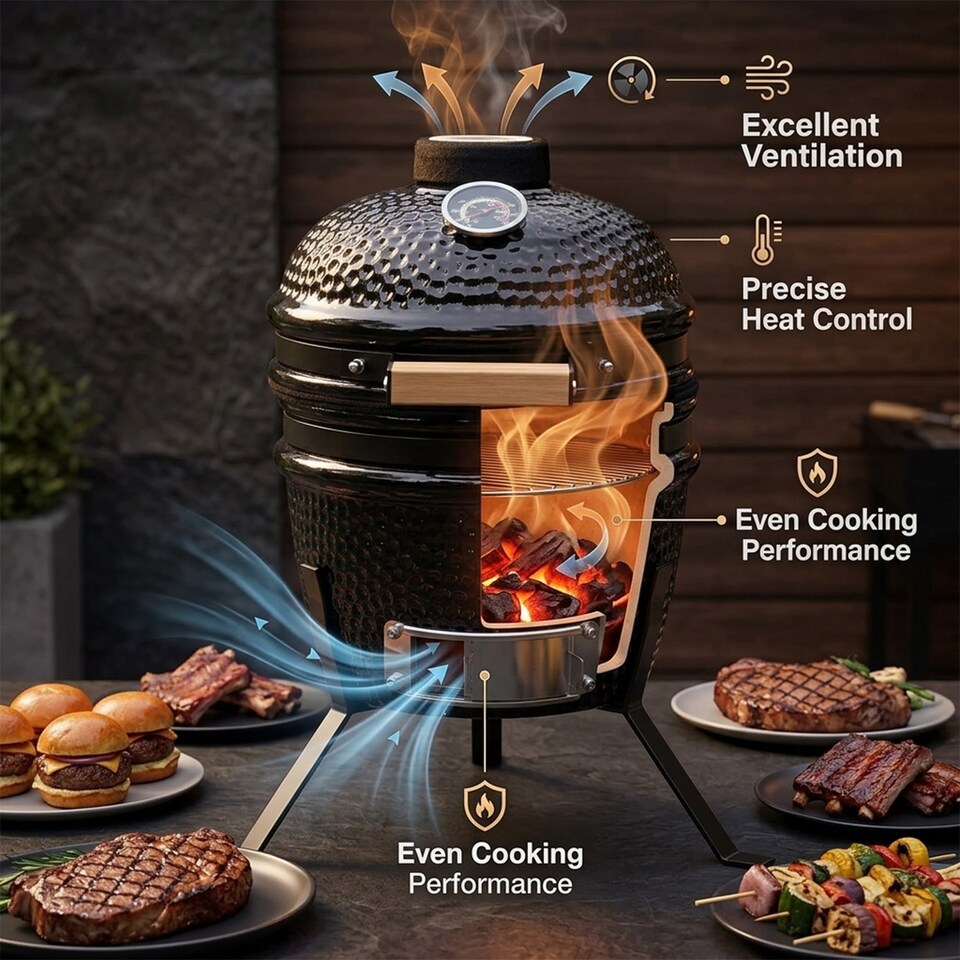 image 1 of Alivio Ceramic Kamado Charcoal BBQ Grill & Smoker with Thermometer, Egg Style Outdoor Barbecue for Grilling, Smoking & Roasting 13"
